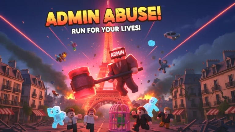 ภาพแดงคำว่า ADMIN ABUSE เหนือฉากเมืองและตัวละคร จาก Climb and Jump Tower บน Roblox
