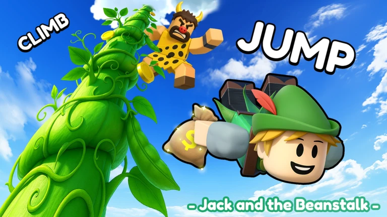 โปสเตอร์ต้นถั่วสูงกับตัวละคร จาก Climb and Jump Tower บน Roblox