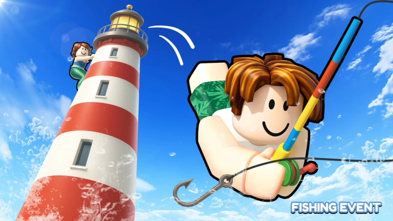โปสเตอร์ประภาคารและตัวละครถือเบ็ด จาก Climb and Jump Tower บน Roblox