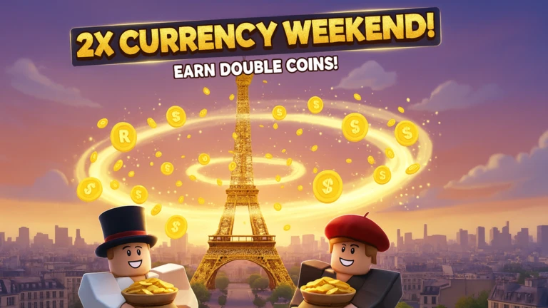 ภาพหอไอเฟลล้อมเหรียญกับข้อความ 2X CURRENCY WEEKEND จาก Climb and Jump Tower บน Roblox