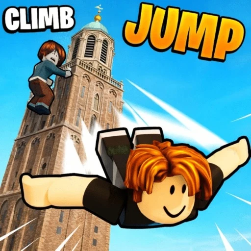 ตัวละครปีนตึกและกระโดดพร้อมคำว่า CLIMB JUMP จาก Climb and Jump Tower บน Roblox
