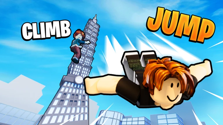 ตัวละครปีนตึกสูงสีเงินแล้วกระโดดลงมา จาก Climb and Jump Tower บน Roblox