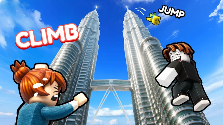 ตัวละครปีนอาคารคู่เชื่อมสะพานแล้วกระโดด จาก Climb and Jump Tower บน Roblox