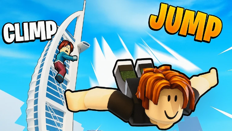 ตัวละครปีนอาคารทรงใบเรือแล้วกระโดดลงมา จาก Climb and Jump Tower บน Roblox