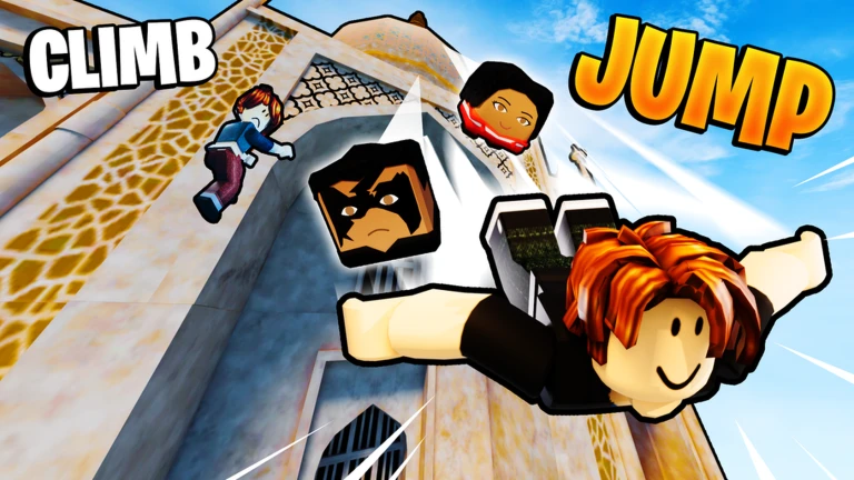 ตัวละครปีนหอคอยที่มีทางลาดสีน้ำเงิน จาก Climb and Jump Tower บน Roblox