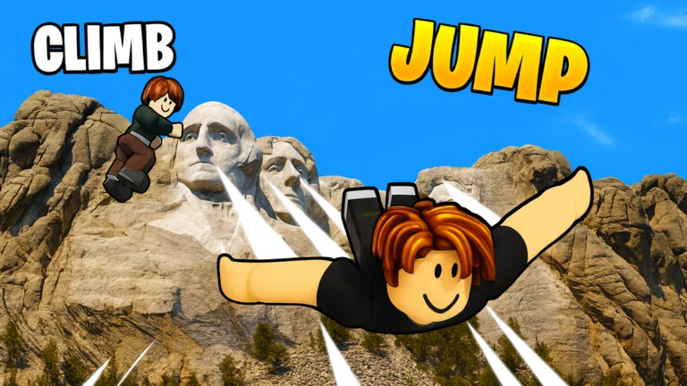 ตัวละครปีนหน้าภูเขาหินและกระโดดในโปสเตอร์สีฟ้า จาก Climb and Jump Tower บน Roblox