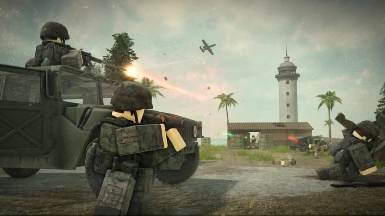 ภาพโปรโมต Media 135626471107876 ของ Cold War แสดงทหารกับยานพาหนะในพื้นที่กลางแจ้งใกล้ประภาคาร