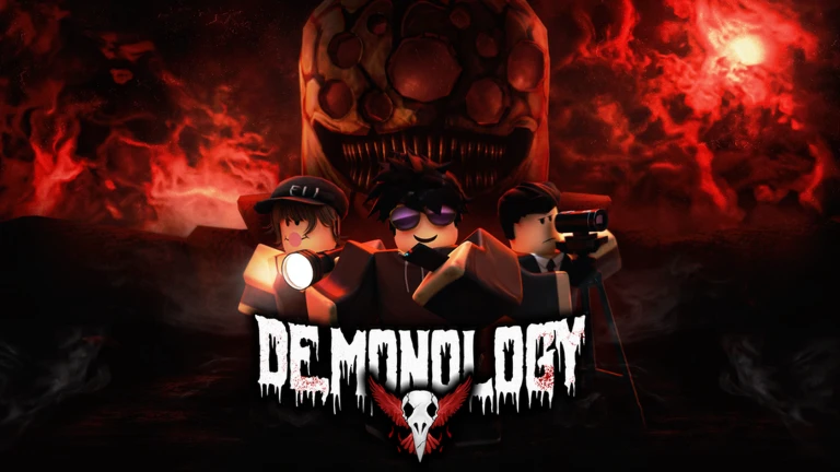 ภาพทางการ Demonology: ทีมถือไฟฉายหน้าใบหน้าผีสีแดงในภาพโปรโมต · Media Demonology · 84730662248787