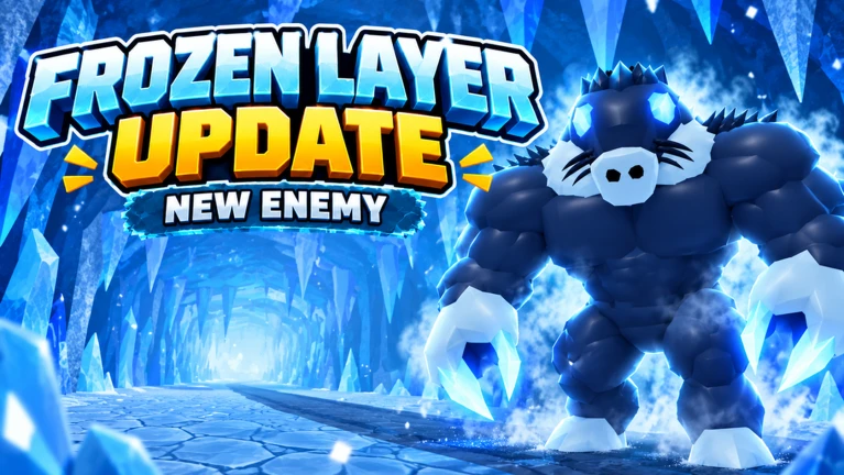 โปสเตอร์ Frozen Layer Update แสดงถ้ำน้ำแข็งและศัตรูสีน้ำเงินของ Drill to Earth’s Core