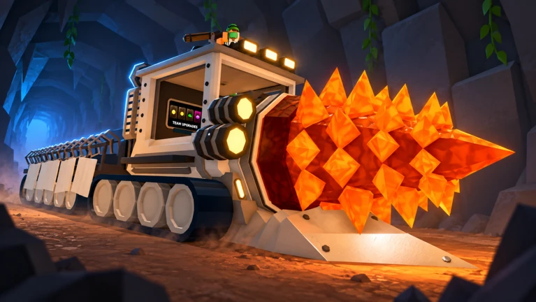 ภาพ Media ทางการของ Drill to Earth’s Core แสดงรถเจาะหัวสว่านสีส้มเคลื่อนในถ้ำ