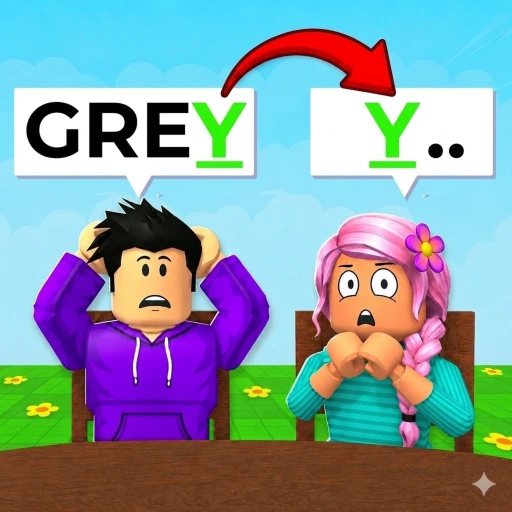 ภาพทางการ Finish The Word! คำว่า GREY บนการ์ดพร้อมลูกศรไปตัว Y และตัวละครสองคนตกใจ · ไอคอน Finish The Word!