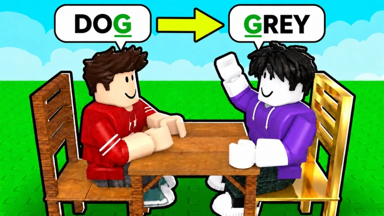 ภาพทางการ Finish The Word! ตัวละครสองคนเล่นต่อคำ DOG ไป GREY ที่โต๊ะ · Media Finish The Word! · 77920878934301