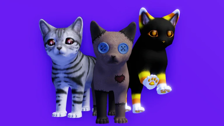 ภาพทางการ Kitten Game แมวสามตัวในฉากสีม่วง · โปสเตอร์ Event Spooky Cats🎃 · 262532234315825701