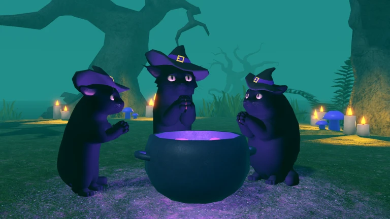 ภาพทางการ Kitten Game แมวสวมหมวกแม่มดล้อมหม้อปรุงสีม่วง · โปสเตอร์ Event Witch Cauldrons · 2537276944148464263