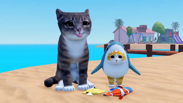 ภาพทางการ Kitten Game แมวสีเทากับตัวละครสีขาวบนชายหาด · โปสเตอร์ Event Fish Shop🐟 · 9182839908387783194