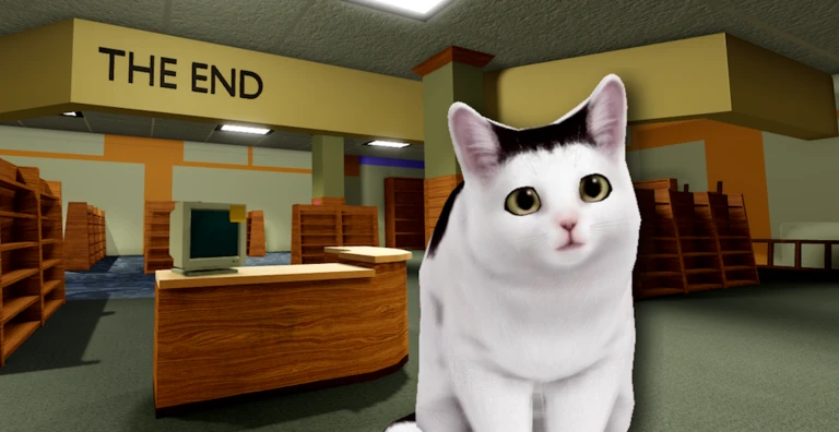 ภาพทางการ Kitten Game แมวสีขาวหน้าป้าย THE END · โปสเตอร์ Event The End · 1644008091949335201