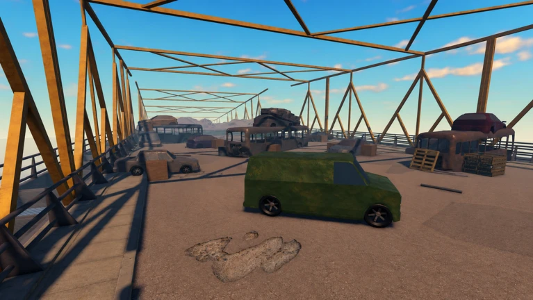 ภาพสะพานและรถในมุมมองเกม ของ KNIFE DUELS จาก Roblox