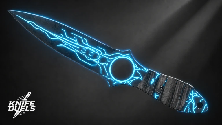 มีดเรืองแสงสีน้ำเงินบนพื้นดำ ของ KNIFE DUELS จาก Roblox