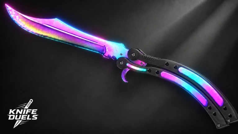 มีด Butterfly สีม่วงฟ้าบนพื้นดำ ของ KNIFE DUELS จาก Roblox