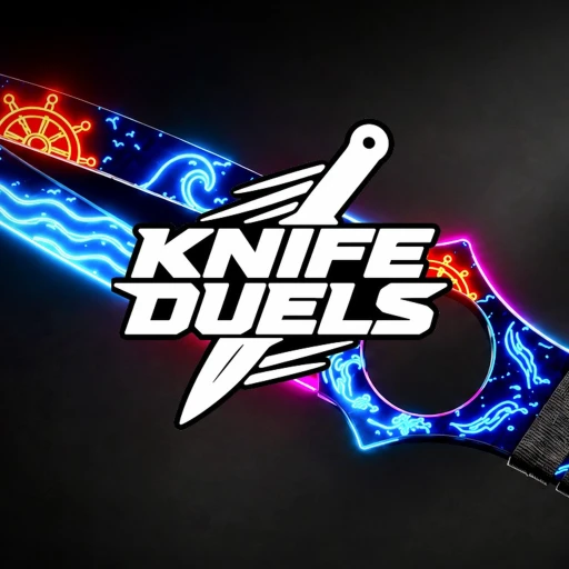 โลโก้ KNIFE DUELS และมีดลายเรืองแสงบนพื้นดำ ของ KNIFE DUELS จาก Roblox