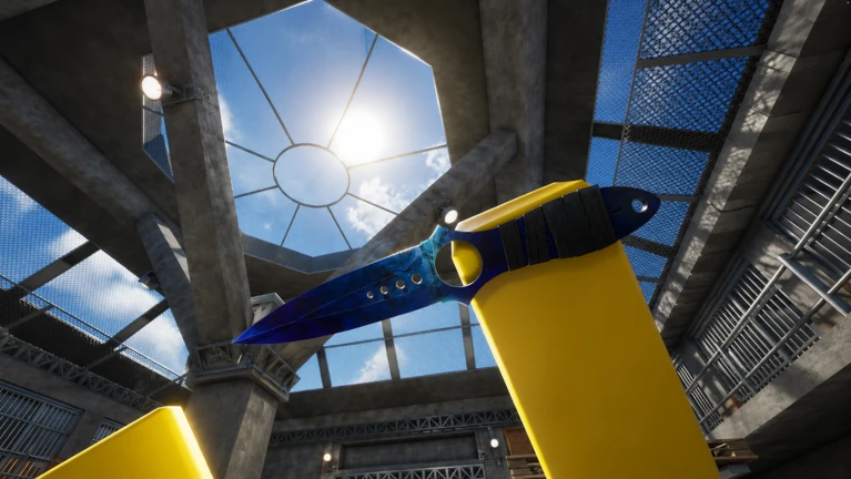 ภาพมุมมองบุคคลที่หนึ่งในสนามแสงแดด ของ KNIFE DUELS จาก Roblox