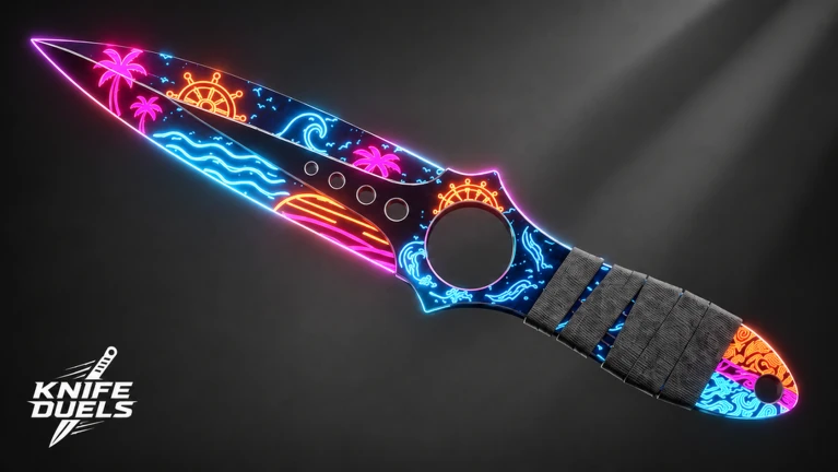 มีดลายนีออนสีชมพูและน้ำเงินบนพื้นดำ ของ KNIFE DUELS จาก Roblox