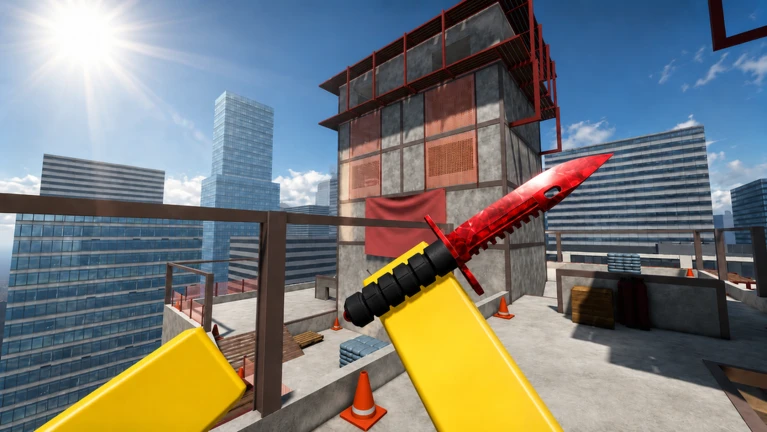 ภาพตึกและมีดในมุมมองบุคคลที่หนึ่ง ของ KNIFE DUELS จาก Roblox