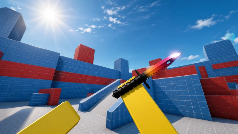 ภาพสนามสีฟ้าแดงในมุมมองบุคคลที่หนึ่ง ของ KNIFE DUELS จาก Roblox