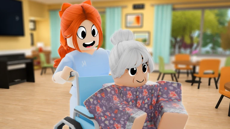 ผู้ดูแลเข็นผู้สูงอายุบนรถเข็น จาก Maple Hospital ของ Marizma Games บน Roblox