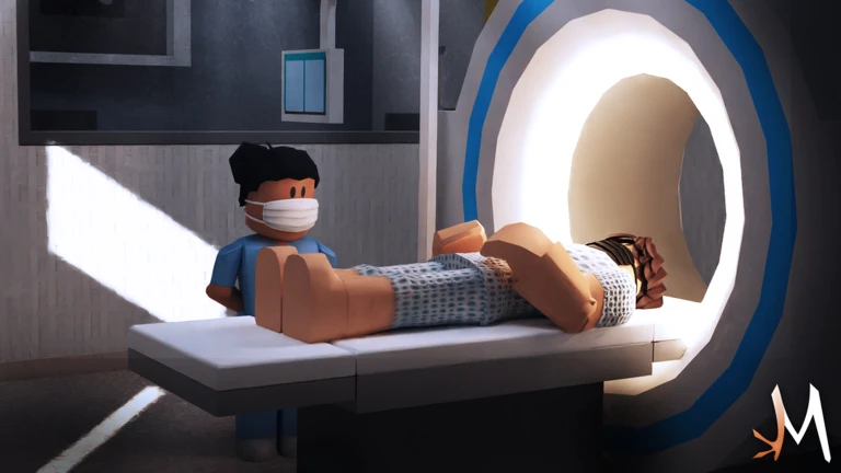 ผู้ป่วยนอนในเครื่องสแกนรูปวงแหวน จาก Maple Hospital ของ Marizma Games บน Roblox