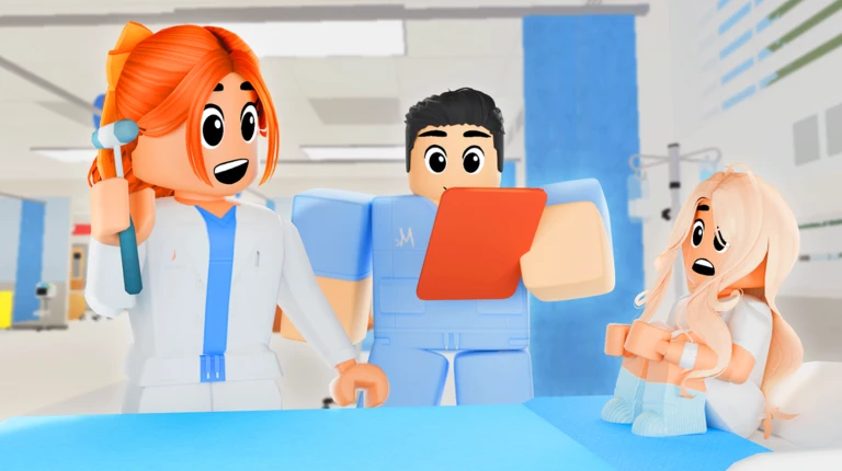 แพทย์สองคนถือแฟ้มข้างเตียงผู้ป่วย จาก Maple Hospital ของ Marizma Games บน Roblox
