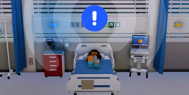 ห้องผู้ป่วยที่มีเครื่องหมายตกใจสีน้ำเงิน จาก Maple Hospital ของ Marizma Games บน Roblox