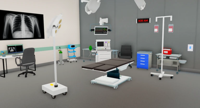 ห้องรักษาจำลองที่มีเตียงและเครื่องมือ จาก Maple Hospital ของ Marizma Games บน Roblox