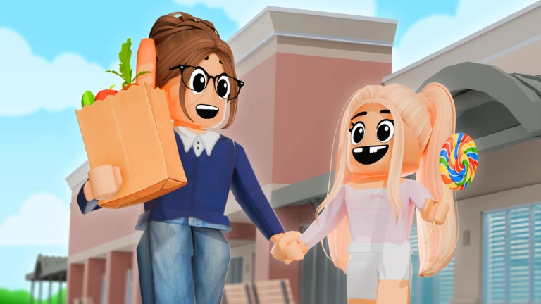 ตัวละครเดินถือถุงช้อปปิ้งหน้าอาคาร จาก Maple Hospital ของ Marizma Games บน Roblox