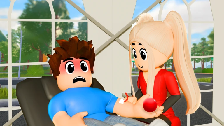 ผู้ดูแลพูดคุยกับผู้ป่วยข้างอุปกรณ์รูปหัวใจ จาก Maple Hospital ของ Marizma Games บน Roblox