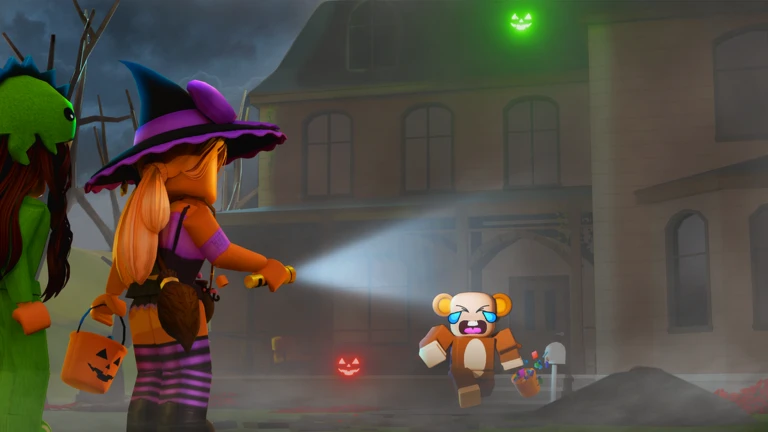 ตัวละครชุดฮาโลวีนถือไฟฉายในฉากมืด จาก Maple Hospital ของ Marizma Games บน Roblox