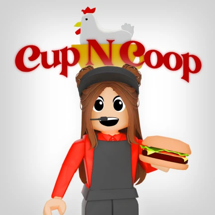 โปสเตอร์ร้าน Cup N Coop พร้อมตัวละครถืออาหาร จาก Maple Hospital ของ Marizma Games บน Roblox