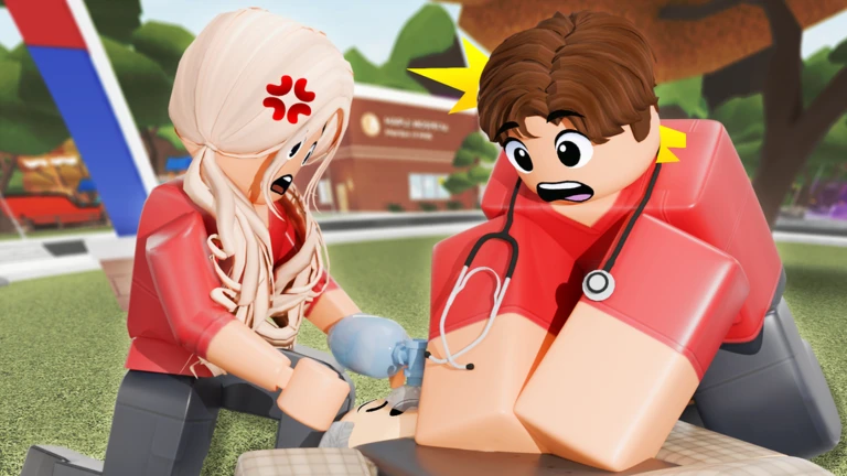 ผู้ดูแลช่วยผู้ป่วยกลางแจ้งข้างกระเป๋าอุปกรณ์ จาก Maple Hospital ของ Marizma Games บน Roblox