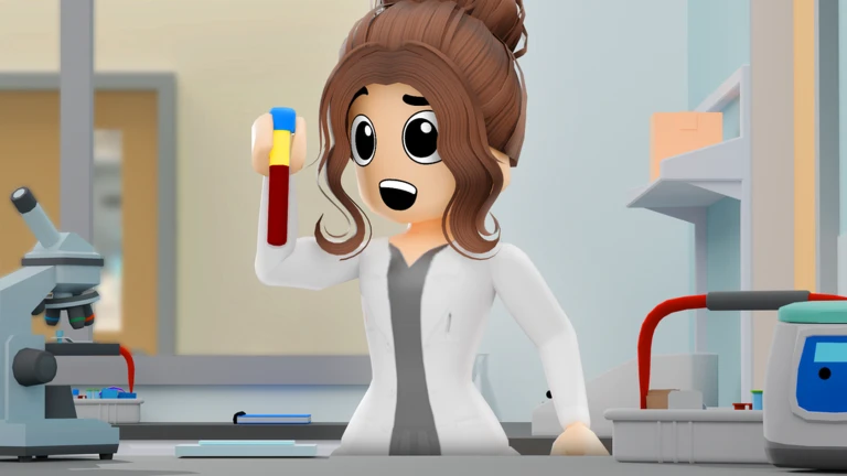ตัวละครแล็บถือหลอดตัวอย่างในห้องทดลองจำลอง จาก Maple Hospital ของ Marizma Games บน Roblox