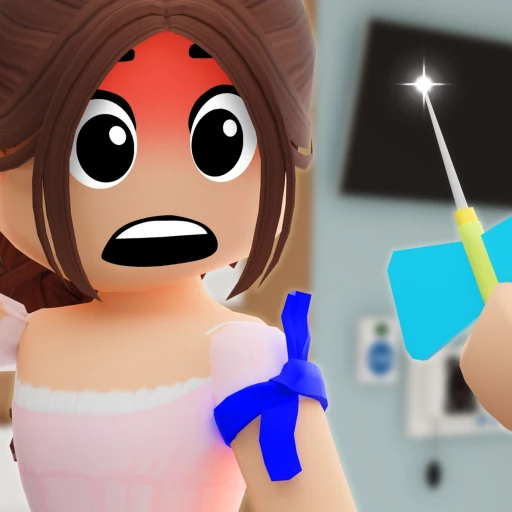 ตัวละครตกใจเมื่อเห็นอุปกรณ์คล้ายเข็มในฉากโรงพยาบาล จาก Maple Hospital ของ Marizma Games บน Roblox
