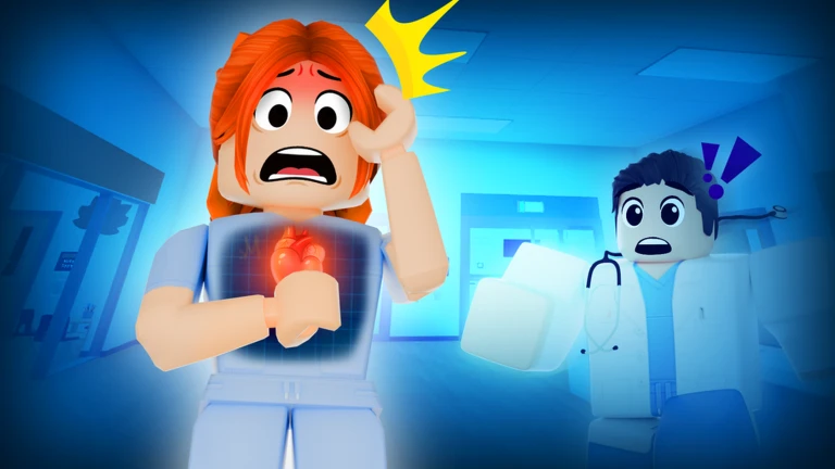 ตัวละครพยาบาลตกใจในทางเดินสีน้ำเงิน จาก Maple Hospital ของ Marizma Games บน Roblox