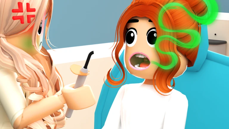 ผู้ดูแลถืออุปกรณ์ตรวจใกล้ผู้ป่วยที่นั่งบนเตียง จาก Maple Hospital ของ Marizma Games บน Roblox