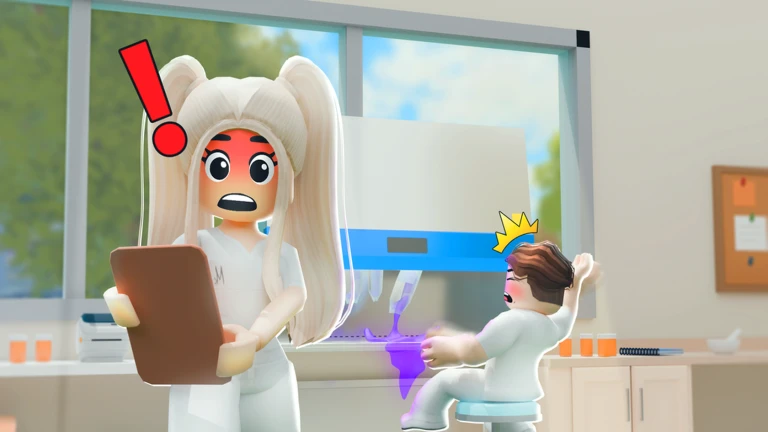 ผู้ดูแลถือแผ่นบันทึกใกล้ผู้ป่วยในห้องสว่าง จาก Maple Hospital ของ Marizma Games บน Roblox