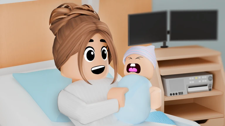 ผู้ดูแลอุ้มทารกในห้องคลอดของเกม จาก Maple Hospital ของ Marizma Games บน Roblox