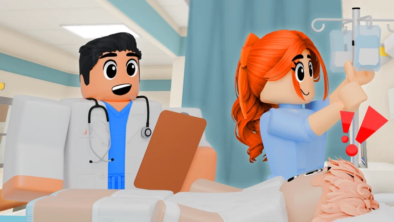 แพทย์ถือแผ่นบันทึกข้างผู้ดูแลและผู้ป่วยในห้องรักษา จาก Maple Hospital ของ Marizma Games บน Roblox