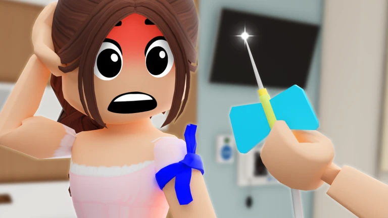 ตัวละครผู้ป่วยตกใจข้างอุปกรณ์ทางการแพทย์ในเกม จาก Maple Hospital ของ Marizma Games บน Roblox