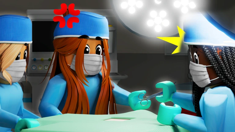 ตัวละครสวมหน้ากากสองคนในห้องผ่าตัดจำลอง จาก Maple Hospital ของ Marizma Games บน Roblox