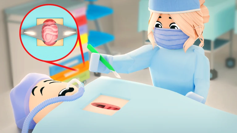 ตัวละครใส่หน้ากากอยู่ข้างผู้ป่วยในห้องผ่าตัดจำลอง จาก Maple Hospital ของ Marizma Games บน Roblox