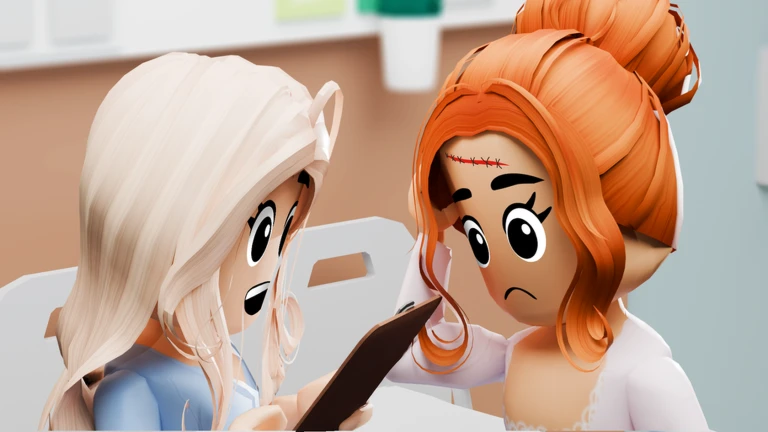 ผู้ดูแลสองคนอ่านแฟ้มข้างผู้ป่วยในโรงพยาบาล จาก Maple Hospital ของ Marizma Games บน Roblox