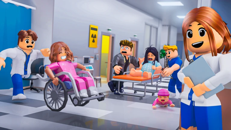 เจ้าหน้าที่และผู้ป่วยหลายคนในทางเดินโรงพยาบาล จาก Maple Hospital ของ Marizma Games บน Roblox
